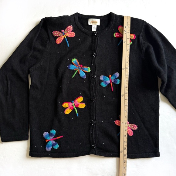 Vintage Talbots Dragonfly Cardigan Sweater Womens Large Black Embroidered Beads - Picture 8 of 12